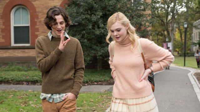 Pink Sweater worn by Ashleigh (Elle Fanning) in A Rainy Day in New York movie wardrobe