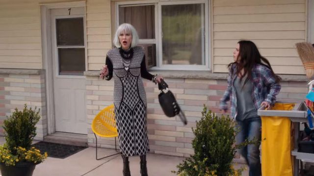 Alexander McQueen Black and White Knit Patterned Dress worn by Moira Rose (Catherine O'Hara) in Schitt's Creek (S06E09)