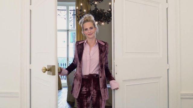 Mouve velvet blazer worn by Poppy Delevingne in Poppy Delevingne: Take 5 with.... how the model and actress likes to unwind