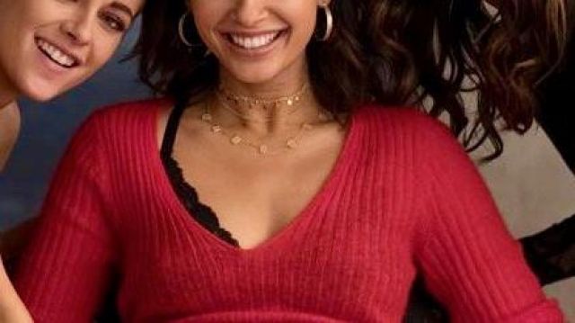 naomi scott charlie's angels red dress Red V-neck Sweater of Elena Houghlin (Naomi Scott) in Charlie's Angels