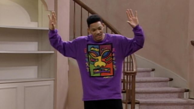 Le t-shirt à manches longues violet "Funky Roots" porté par Will (Will Smith) dans la série Le Prince de Bel-Air (Saison 3 Episode 15)