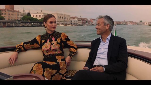 GUCCI Dragon-embroidered poppy-print crepe dress worn by Julia Stiles in Riviera | Series 3 | First Look Trailer