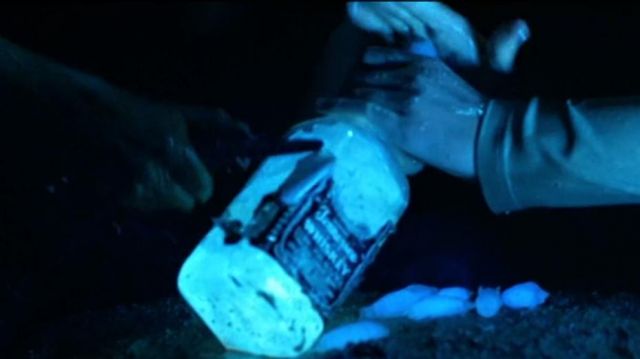 Visible in the scene where the actors fill bottles in order to use them as a source of light. of Richard B. Riddick (Vin Diesel) in Pitch Black
