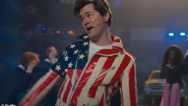 American Flag Motorcycle Leather Jacket worn by Trent Oliver (Andrew Rannells) as seen in The Prom movie wardrobe