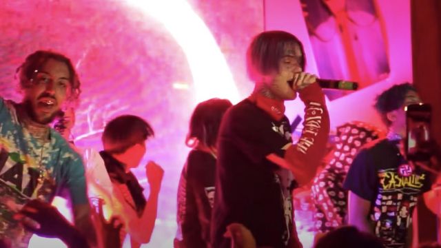 Red Sleeves with Anarchy Symbol, Black Shirt worn by Lil Peep in the WitchBlades LIVE IN SF video by Lil Peep & Lil Tracy