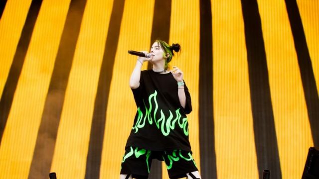 Neon Green flames black T-shirt worn by Billie Eilish at Pukkelpop Festival on August 18, 2019 