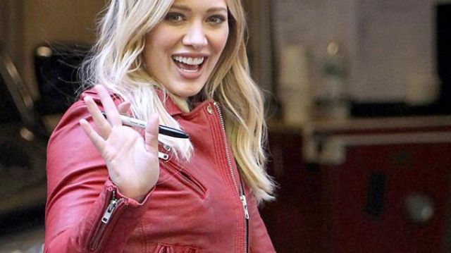 Red leather biker jacket worn by Hilary Duff on the set of Younger TV series