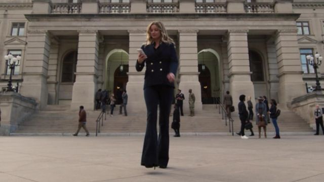Derek Lam 10 Flared Navy Dress Pants worn by Sharon Carter (Emily VanCamp) in The Falcon and the Winter Soldier (S01E06)