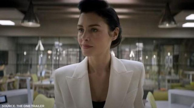 Balmain white double-breasted blazer jacket worn by Rebecca Webb (Hannah Ware) in The One (S01E01)