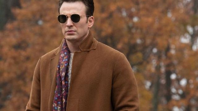 Theory ‘Suffolk Tokyo Double Coat’ in Hazel worn by Ransom Drysdale (Chris Evans) in Knives Out movie wardrobe