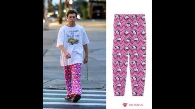 Le pantalon rose imprimé Hello Kitty porté par Peter Parker (Tom Holland) dans le film Spider-Man : Homecoming