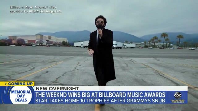 Black Trench Coat of The Weeknd in The Weeknd wins big at Billboard Music Awards l GMA