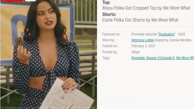Crop top bleu marine à pois blanc porté par Veronica Lodge (Camila Mendes) dans Riverdale (S05E03)