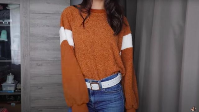 Brown sweater and white plush worn by Horia in I EXPLODED THE BUDGET ???? THE HAUL OF SHAME - Horia
