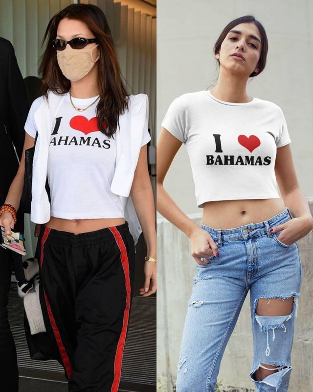 J&#39;aime les Bahamas Crop T-Shirt de Bella Hadid sur l&#39;Instagram account @khantdesigns