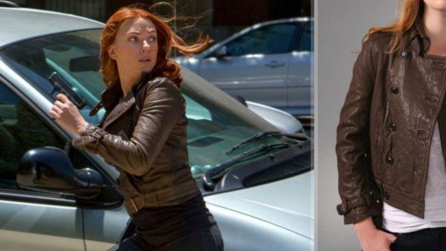Madewell Brown leather belted bomber jacket worn by Natasha Romanoff / Black Widow (Scarlett Johansson) in Captain America: The Winter Soldier