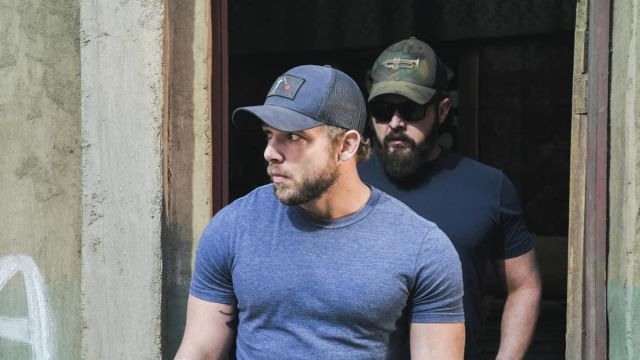 Blue cap with blackbeard patch of Clay Spenser (Max Thieriot) in SEAL Team (S04E08)