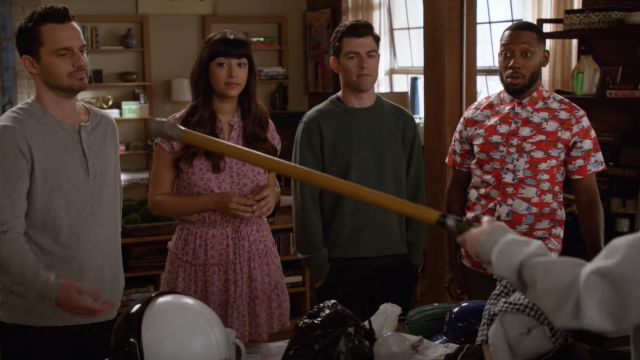 Red Shirt with Blue Fish Pattern worn by Winston Bishop (Lamorne Morris) in New Girl TV series (S07E08)
