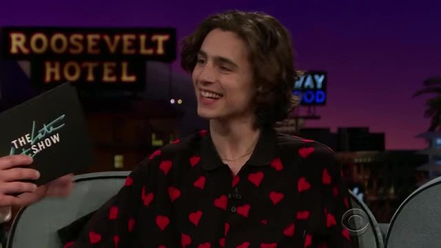 Supreme Hearts Printed shirt in black worn by Timothèe Chalamet as seen on The Late Late Show with James Corden