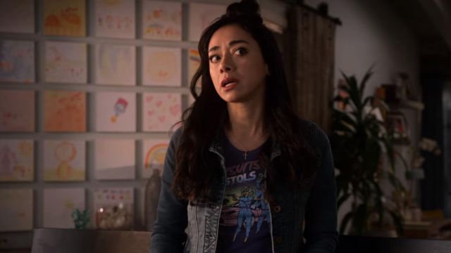 Pantsuits and Pistols Essential T-Shirt worn by Ella Lopez (Aimee Garcia) in the wardrobe of Lucifer TV series (S06E02)