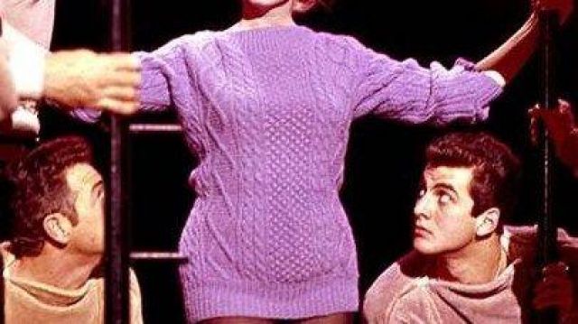 Fisherman Off the shoulder sweater in purple worn by Marilyn Monroe as seen in Let's Make Love movie wardrobe