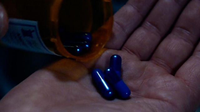 Blue pills of Neo (Keanu Reeves) as seen in The Matrix Resurrections movie