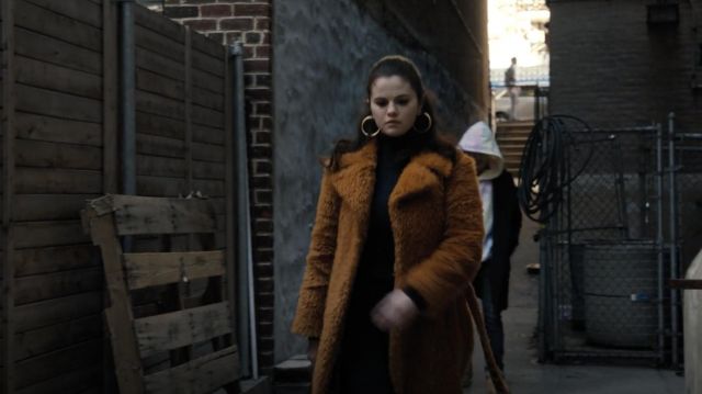 Sies Marjan fur mustard long coat worn by Mabel Mora (Selena Gomez) as seen in Only Murders in the Building wardrobe (S01E05)
