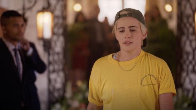 Vintage Mother Fletchers Myrtle Beach T-shirt in yellow worn by Sarah Finley (Jacqueline Toboni) as seen in The L Word: Generation Q outfits (S02E01)