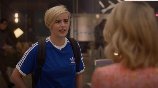 Adidas Blue adicolor Classics 3-Stripes Tee worn by Sarah Finley (Jacqueline Toboni) as seen in The L Word: Generation Q clothes from the TV series (S02E02)