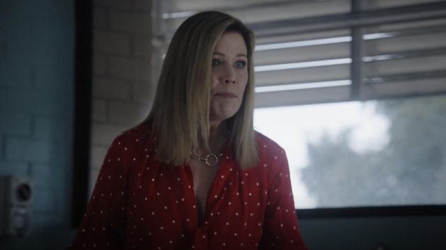 Maje Lipia tie-neck polka-dot satin-jacquard blouse in red worn by Ann Reynolds (Jane Hall) as seen in Wentworth wardrobe (Season 9 Episode 5)