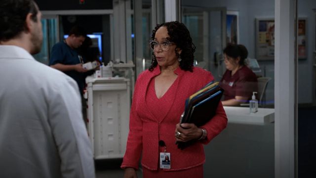 St. John Collection Refined-Knit High-Neck Jacket worn by Sharon Goodwin (S. Epatha Merkerson) as seen in Chicago Med (Season 7 Episode 1)