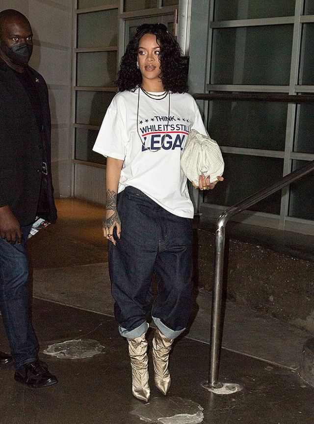 Think While Its Still Legal T-Shirt worn by Rihanna leaving a music studio in New York City on Friday September 24
