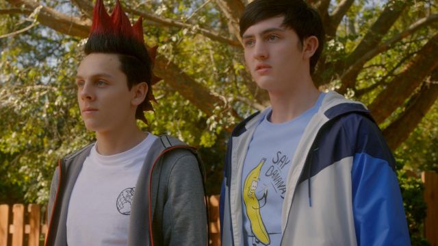 Say Bananas T-Shirt worn by Demetri (Gianni DeCenzo) in Cobra Kai TV series outfits (S04E01)