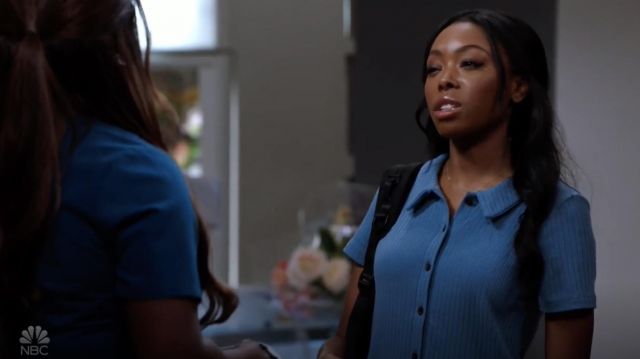 Madewell Rib Polo Button-Front Tee in blue worn by Vanessa Taylor (Asjha Cooper) as seen in Chicago Med TV series wardrobe (S07E02)