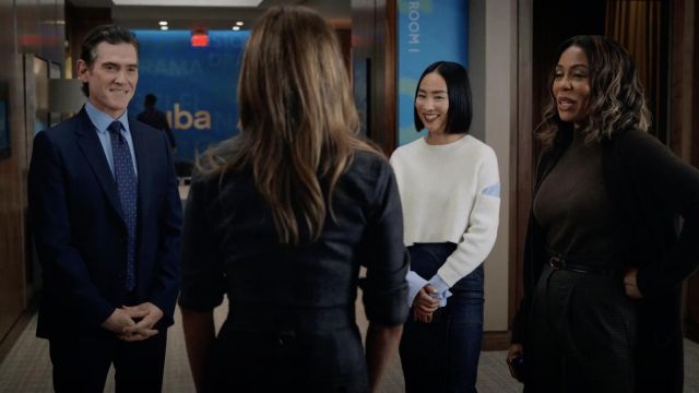 Alexander wang.t Patchwork Crop Shirt Sweater worn by Stella Bak (Greta Lee) as seen in The Morning Show TV series (S02E03)
