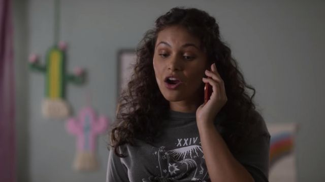 BDG Urban Outfitters LA LUNE T-shirt in grey worn by Isabel (Andrea Cortes) as seen in On My Block TV series wardrobe (S04E05)