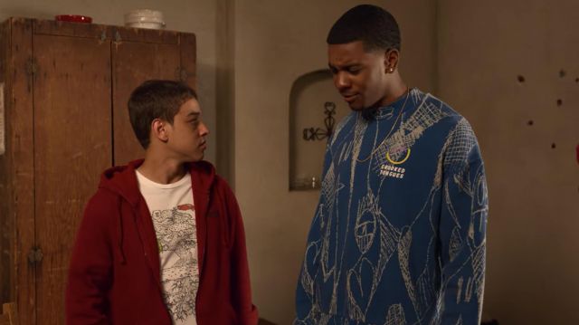 Crooked Tongues sweatshirt set in blue with doodle print worn by Jamal Turner (Brett Gray) as seen in On My Block (S04E07)