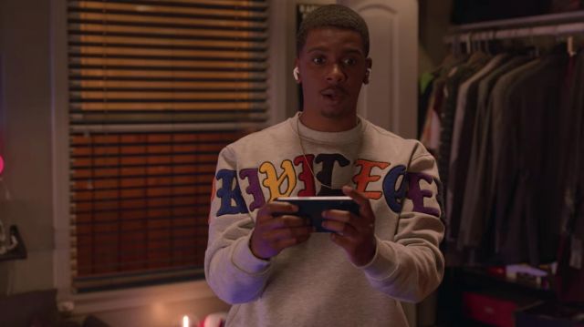Privileged Lettering Street Crew Neck Sweatshirt in grey worn by Jamal Turner (Brett Gray) as seen in On My Block (S04E10)