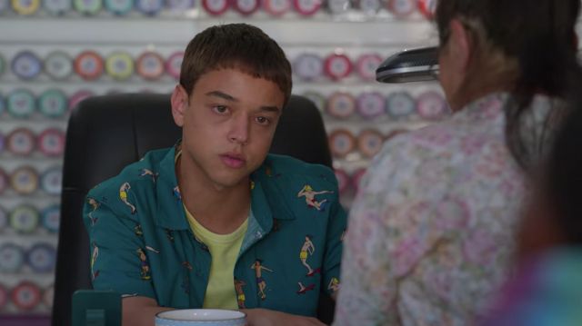 Forever 21 Skateboard Print Fitted Shirt in green worn by Ruby Martinez (Jason Genao) as seen in On My Block Outfits (S04E10)