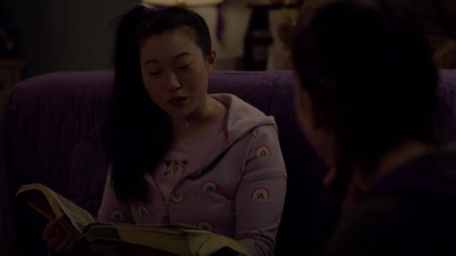 Rainbow Print Hoodie in purple pink worn by Nora (Awkwafina) as seen in Awkwafina is Nora From Queens TV series outfits (Season 2 Episode 7)