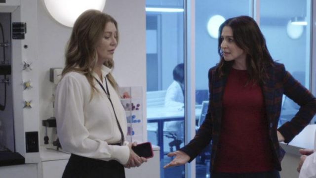 Victoria Beckham Contrast Ties Pleated Front Silk Shirt worn by Dr. Meredith Grey (Ellen Pompeo) in Grey's Anatomy TV show outfits (Season 18 Episode 2)
