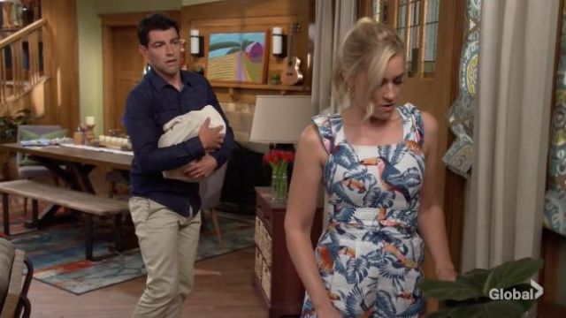 Farm Rio Flying Toucans Crossed Back Frilled Jumpsuit worn by Gemma (Beth Behrs) as seen in The Neighborhood TV show wardrobe (Season 4 Episode 4)