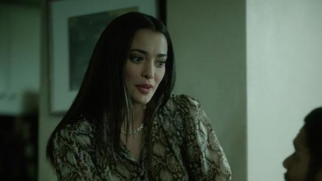 Lorena snake-print silk-chiffon blouse of Amy Kindelán (Natalie Martinez) as seen in Ordinary Joe Tv series outfits (Season 1 Episode 4)