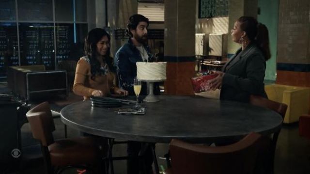 Jonathan Simkhai Jolie cold-shoulder cardigan in mustard yellow worn by Melody 'Mel' Bayani (Liza Lapira) as seen in The Equalizer (S02E01)