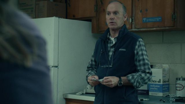 Columbia Fleece Vest Jacket in Blue worn by Dr. Samuel Finnix (Michael Keaton) as seen in Dopesick TV series wardrobe (Season 1 Episode 2)