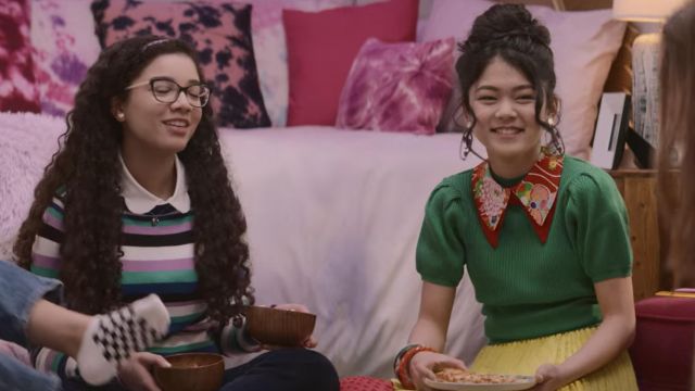 Topshop Puff Sleeve Mock Neck Rib Sweater worn by Claudia Kishi (Momona Tamada) as seen in The Baby-Sitters Club TV series outfits (Season 2 Episode 3)