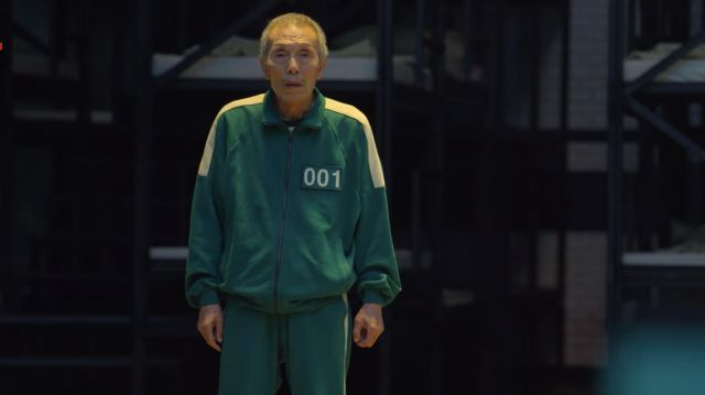 Green and white Two Piece Set with 001 worn by Oh Il-nam (O Yeong-su) as seen in Squid Game  TV show outfits (S01E02)