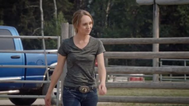 Icyzone V-Neck Yoga Grey T-Shirt worn by Amy Fleming (Amber Marshall) as seen in Heartland TV series wardrobe (Season 15 Episode 1)
