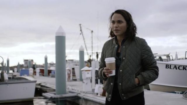UGG Eliana Reversible Sherpa Bomber Jacket worn by Jackie Quiñones (Monica Raymund) as seen in Hightown TV show outfits (Season 2 Episode 1)