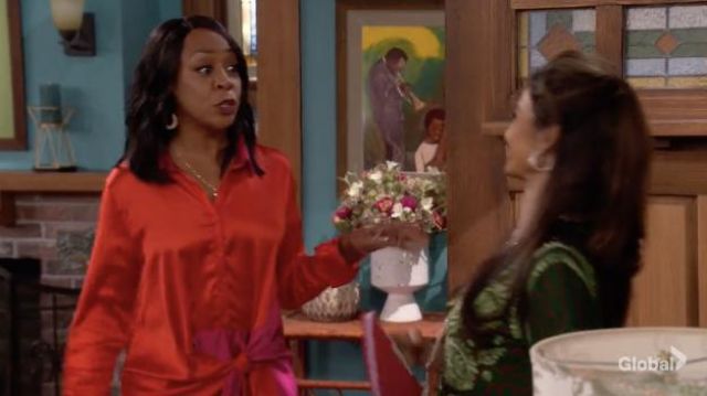 Aqua Color Block Tie Wrap Mini Dress worn by Tina (Tichina Arnold) as seen in The Neighborhood TV series outfits (S04E05)